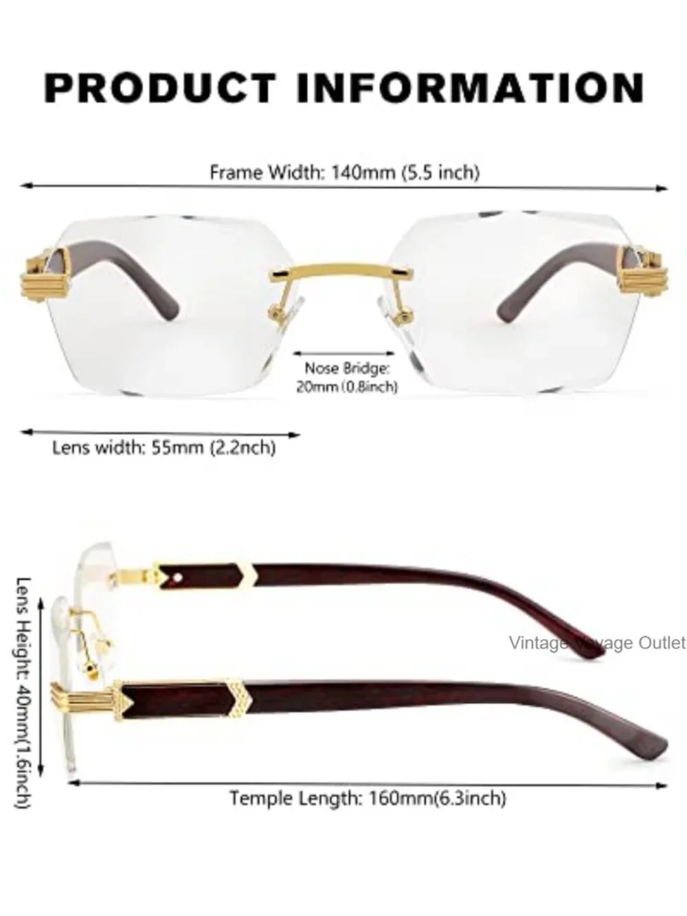 Rimless Rectangular Sunglasses UV400 Metal Frame Y2K Streetwear Trendy Shades